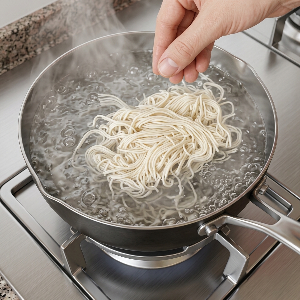 Fresh thin noodles boiling in a pot of water.