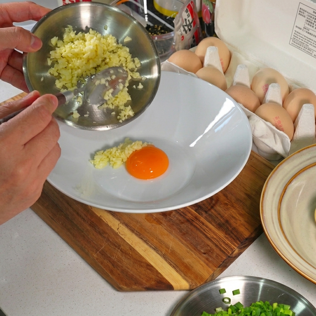 A bowl containing an egg yolk surrounded by minced garlic, chopped green onions, a packet of ramen seasoning, and a dollop of mayonnaise.