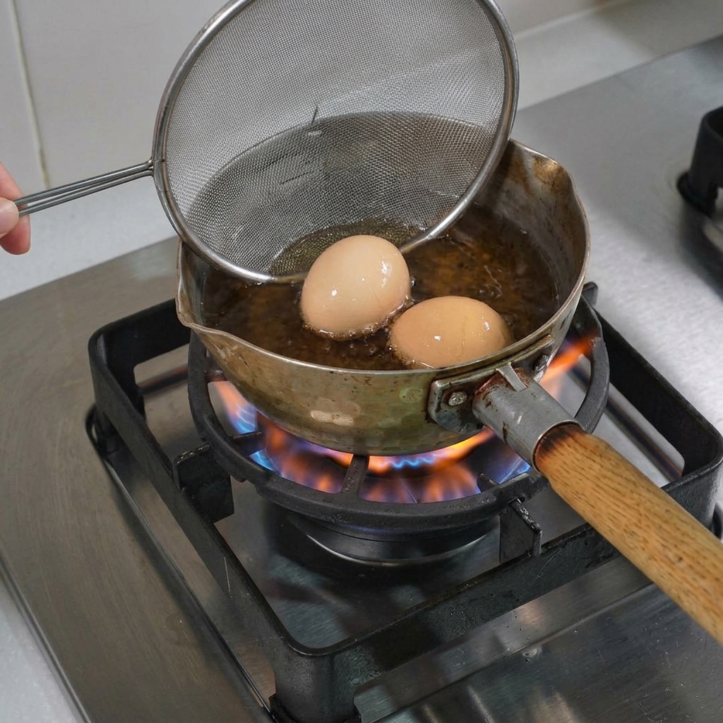 Two eggs being lifted out of a pot of boiling water using a stainless steel mesh skimmer.