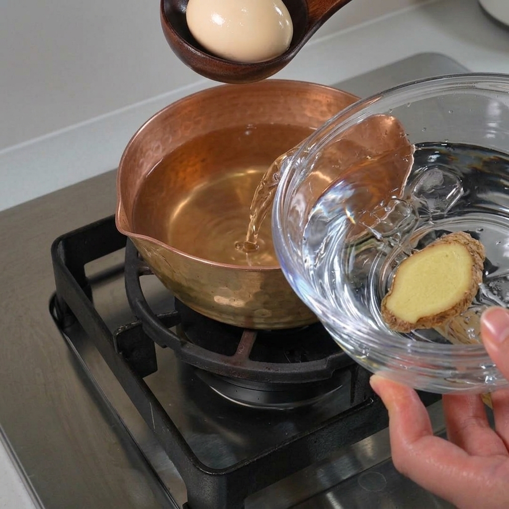 An egg being placed into a bowl of cold water filled with ice cubes to stop the cooking process.