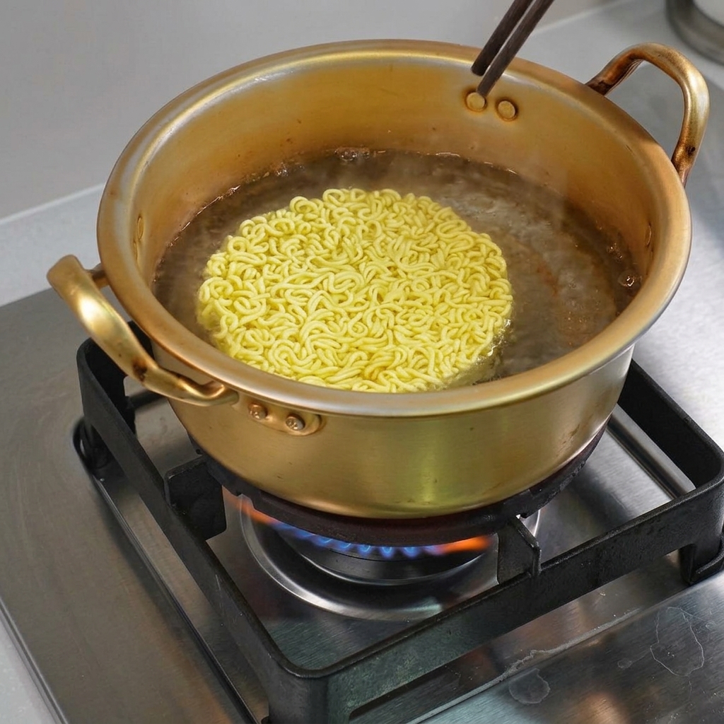 Ramen noodles boiling in a traditional gold-colored metal ramen pot on a stove.