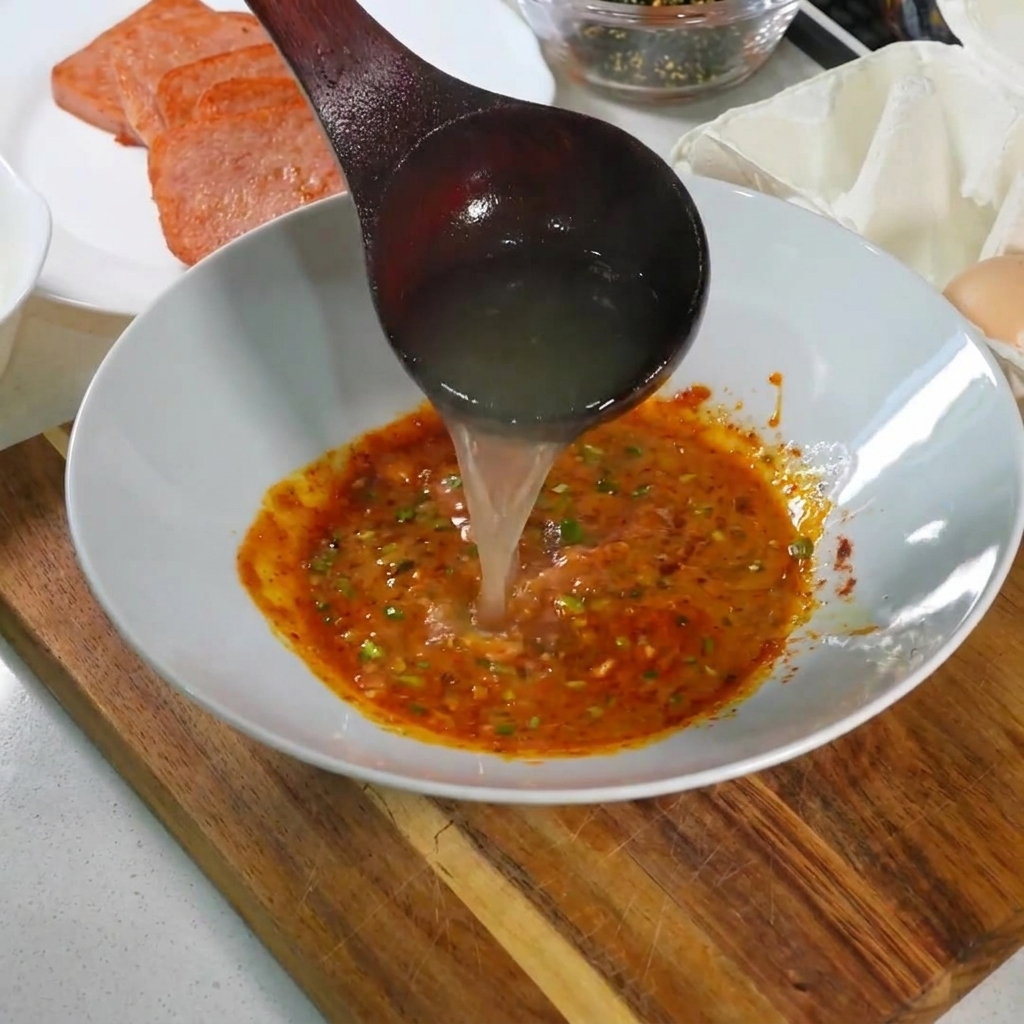 Hot noodle water being poured from a ladle into a white bowl with a creamy, spiced egg-yolk mixture.