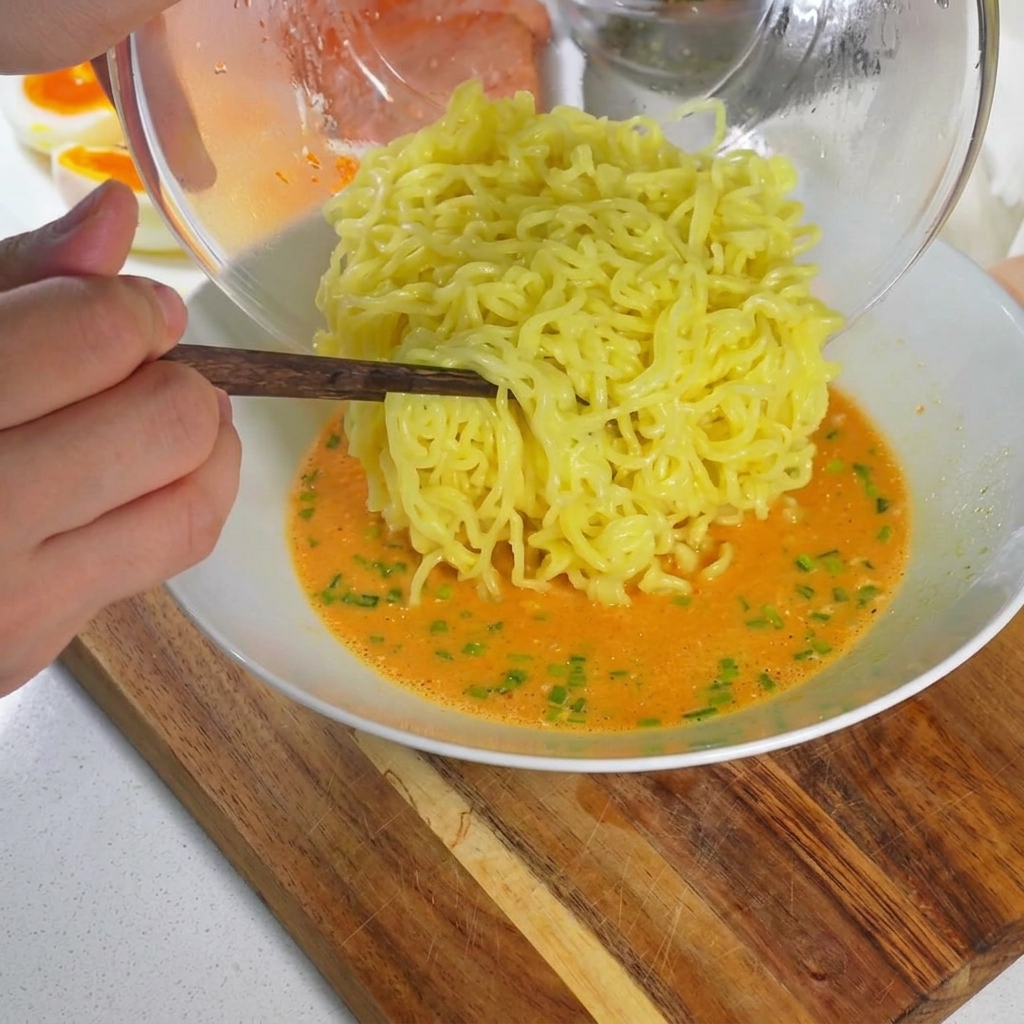 Cooked ramen noodles being lifted with chopsticks and placed into a bowl of creamy soup.