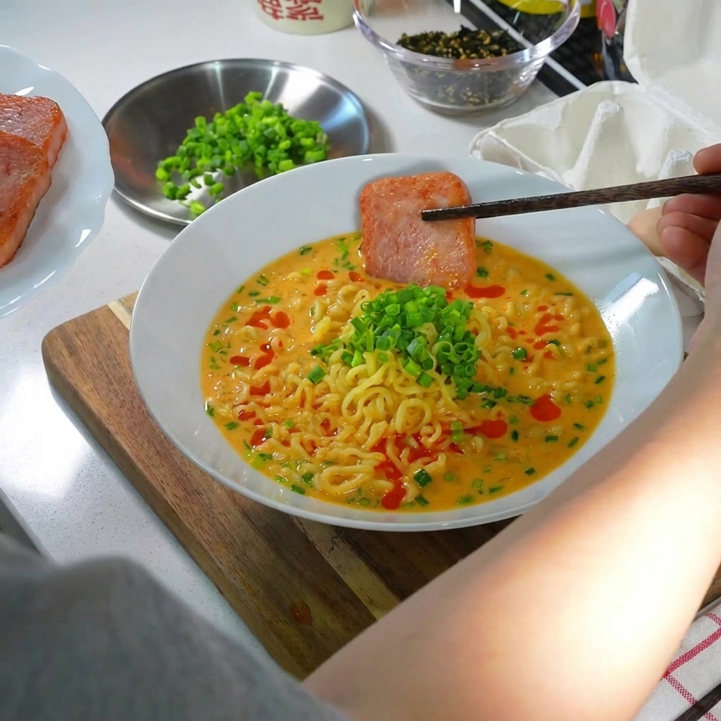 A bowl of ramen topped with golden-brown fried SPAM, a soft-boiled egg, and a sprinkle of chopped green onions and chili oil.