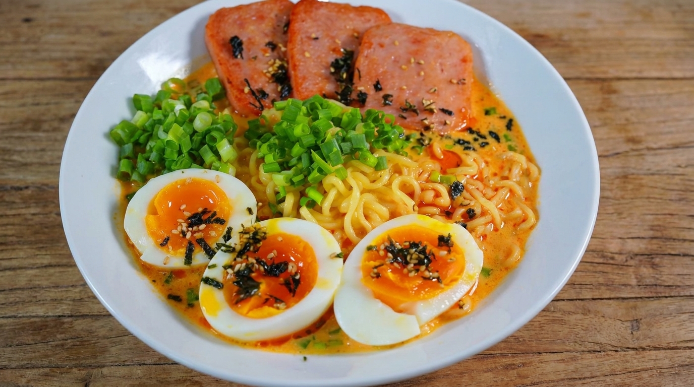 Creamy Ramen with Pan-Fried SPAM and Soft-Boiled Egg
