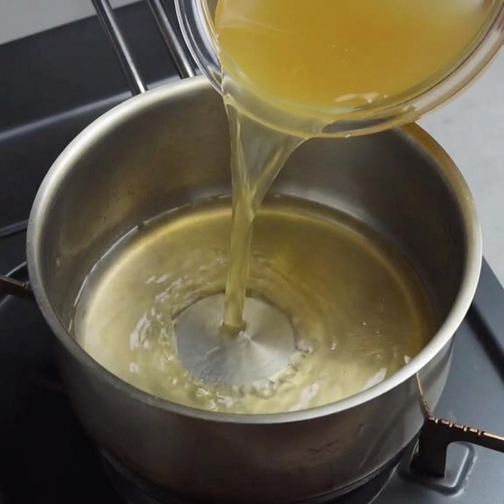 Chicken stock being poured into a saucepan to begin the ramen broth.