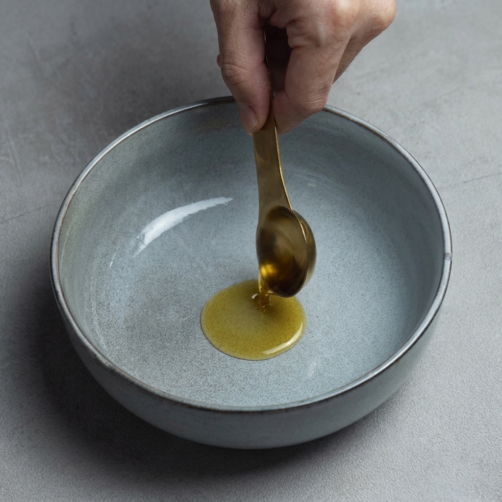 Sesame oil being added to a serving bowl before adding the broth and noodles.