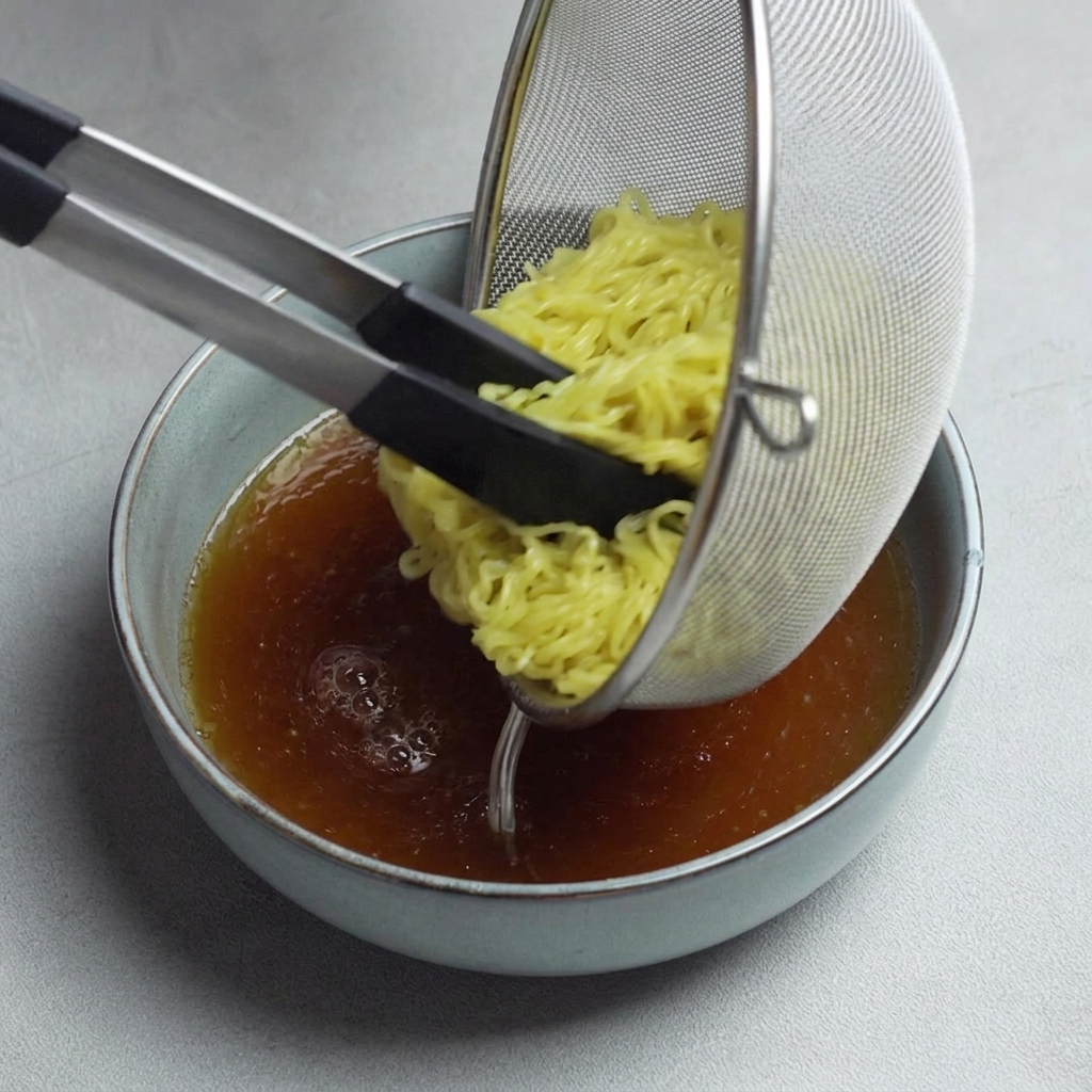 Freshly cooked ramen noodles being lowered into a bowl of dark, seasoned broth.
