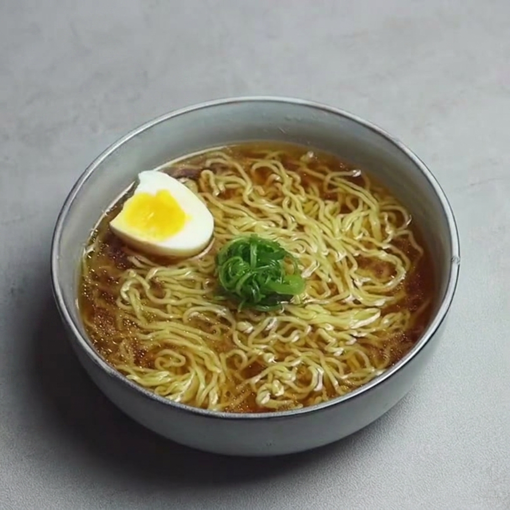 A perfectly halved soft-boiled egg placed atop a steaming bowl of ramen, garnished with green onions.