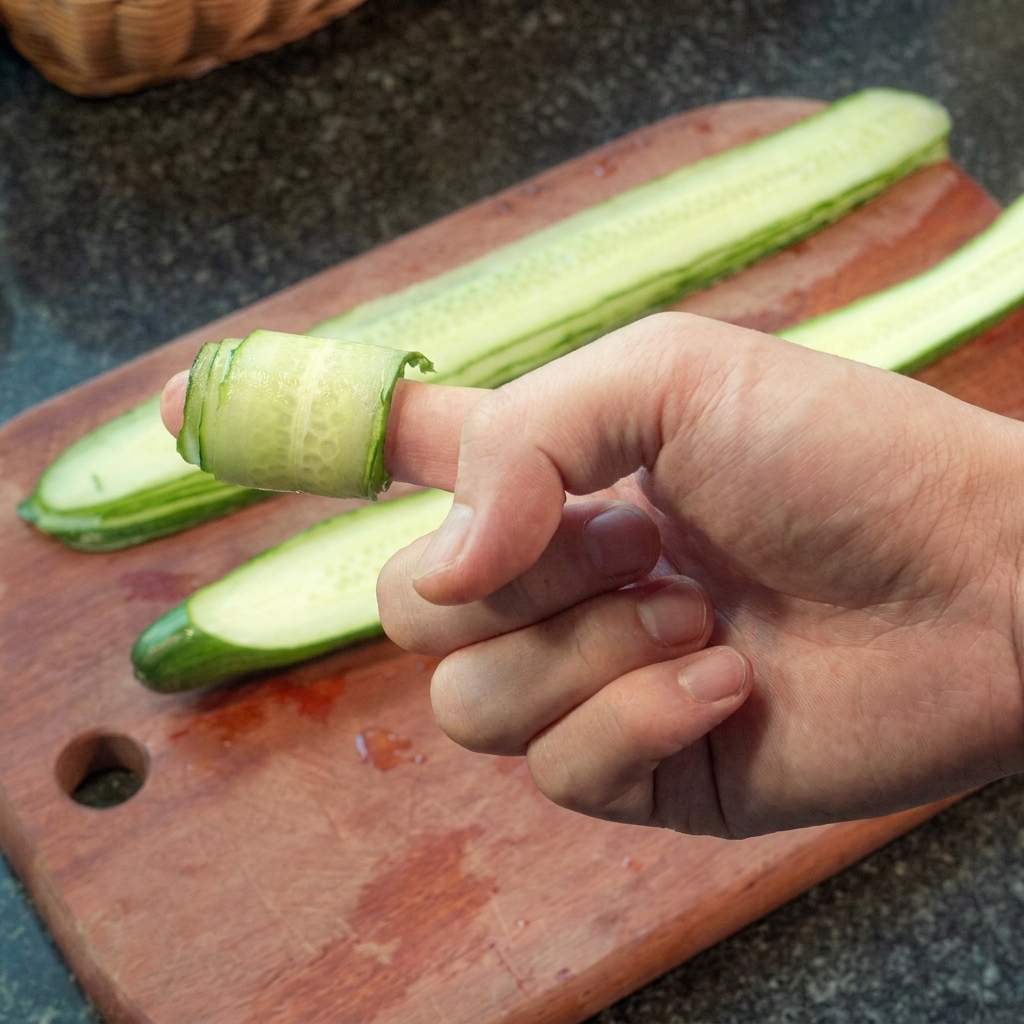 Hand rolling thin cucumber strips into tight spirals on a wooden board.