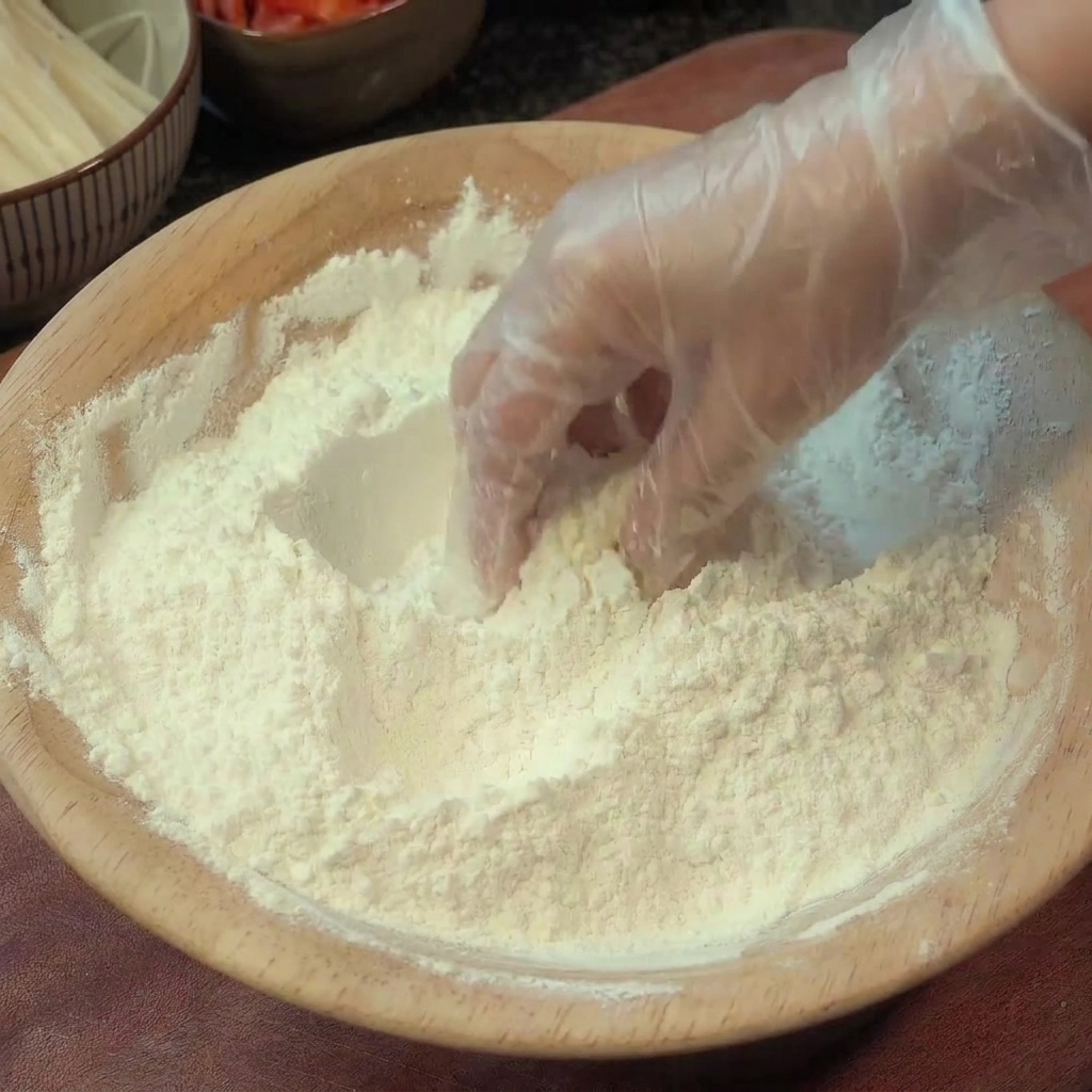 Chicken wings being coated in a dry mixture of flour and cornstarch in a large wooden bowl.