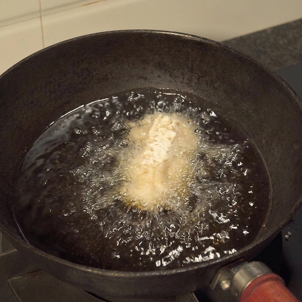 Coated chicken wings frying in hot oil in a pan, turning golden brown.