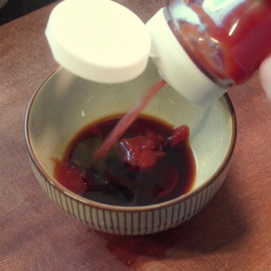 Ingredients for the sauce, including ketchup and spicy sauce, being mixed together in a bowl.