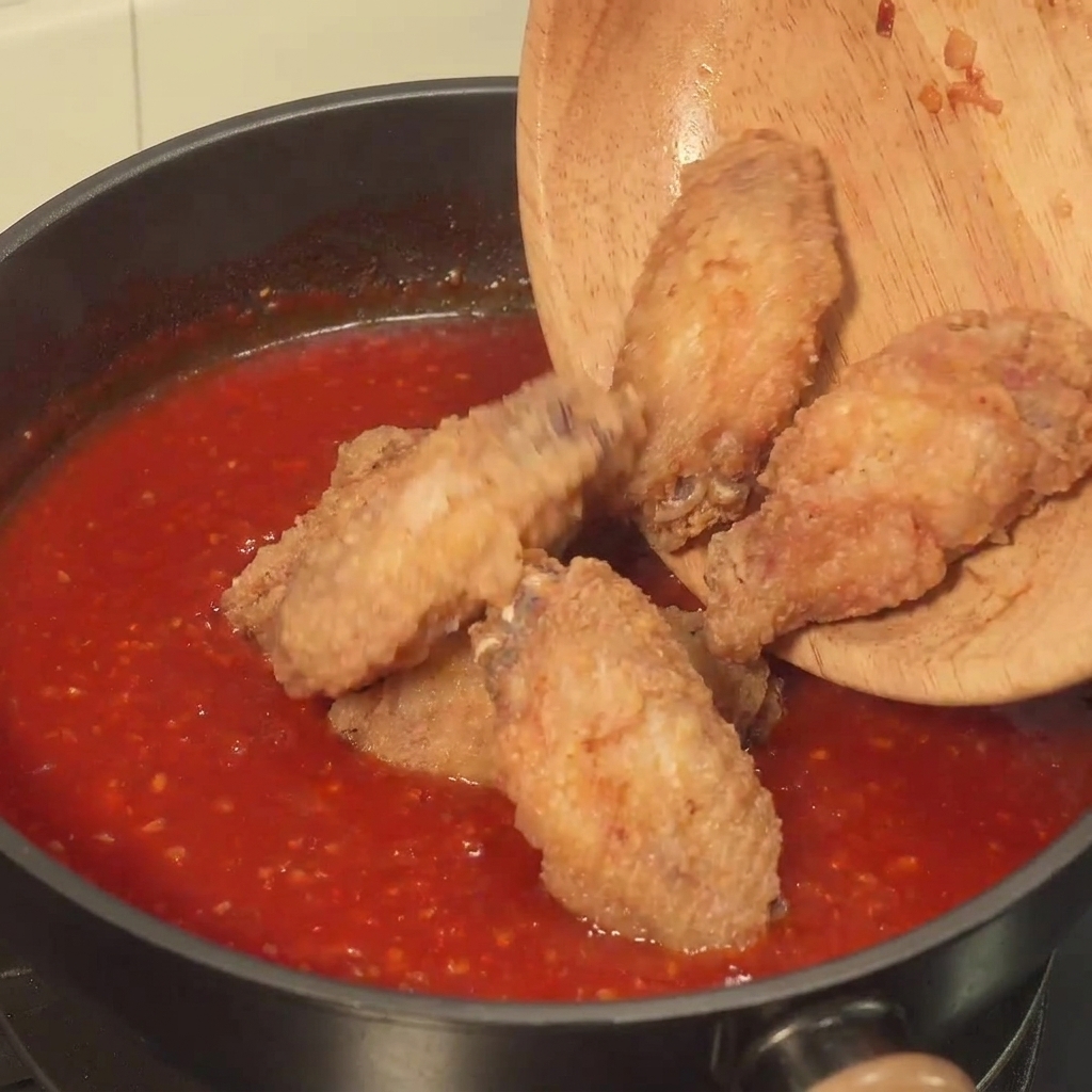 Fried chicken wings being tossed in a thick spicy red sauce inside a non-stick pan.