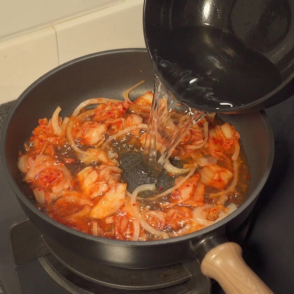 Water being poured into a pan containing sautéed onions and kimchi, followed by the addition of sauce and seasoning.