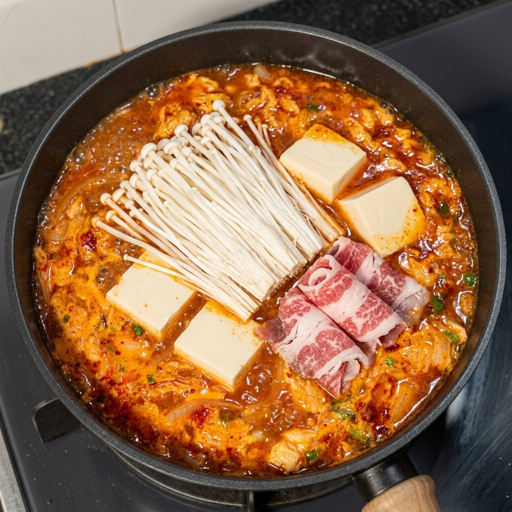Enoki mushrooms, soft tofu, and raw beef slices arranged in the boiling red broth.
