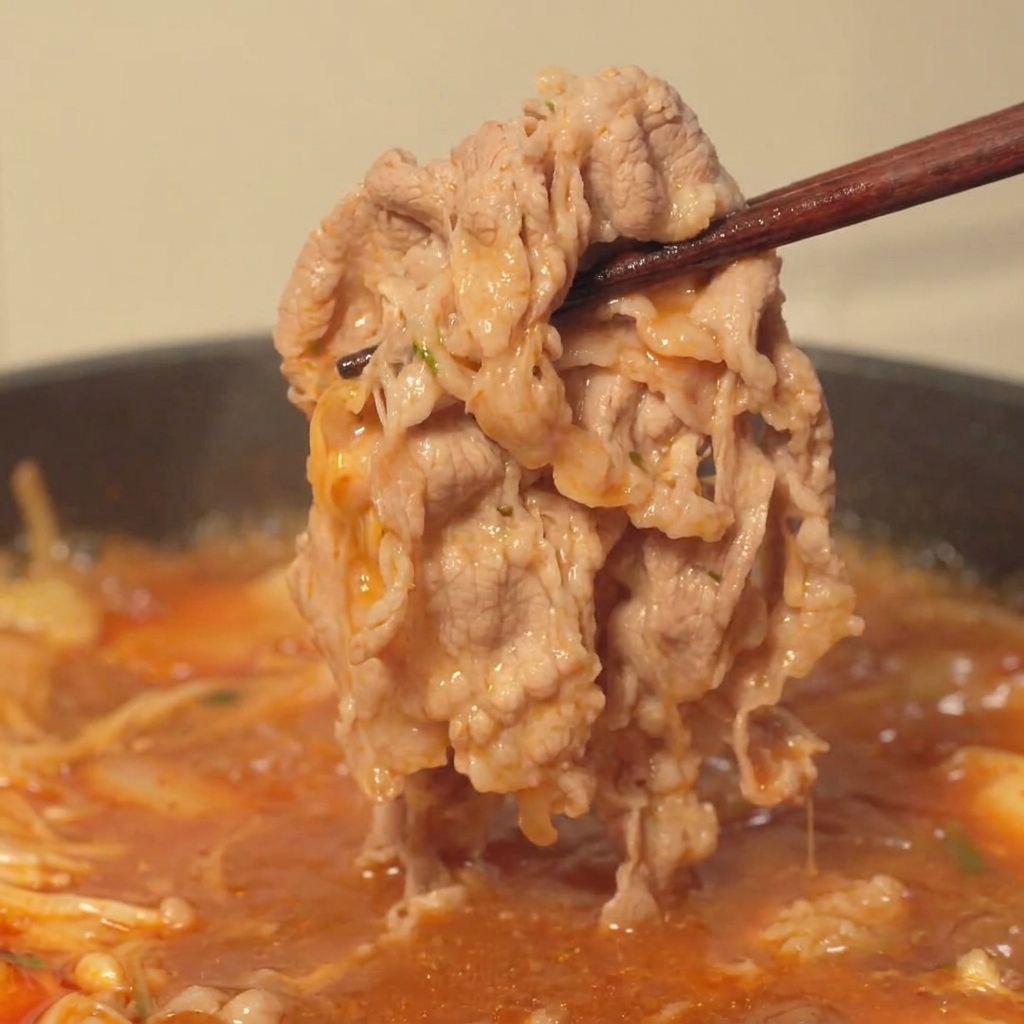 Ramen noodles being lifted with chopsticks from a bubbling pot of spicy beef broth.