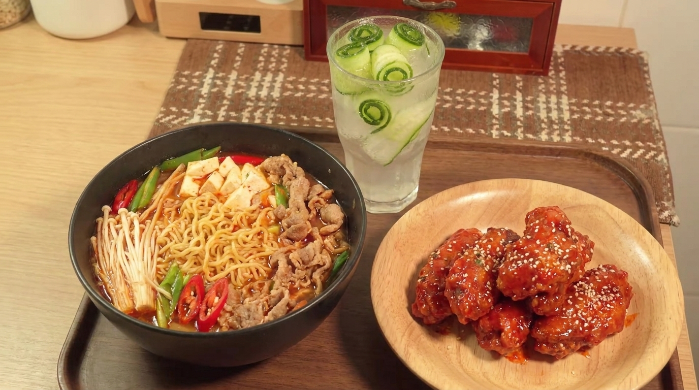 Korean Spicy Beef Ramen and Fried Chicken Feast