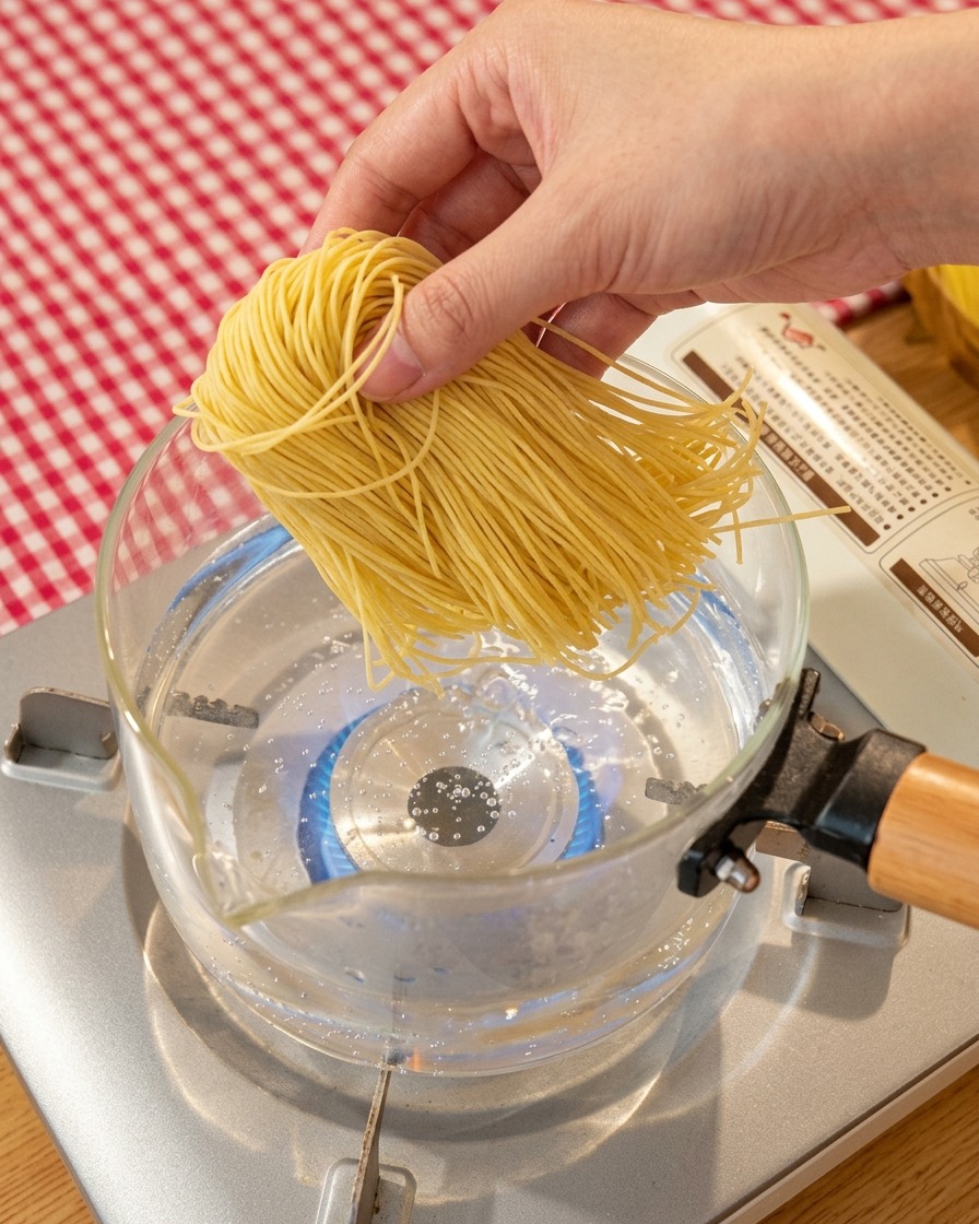 Fresh ramen noodles being boiled in a clear glass pot on a portable stove.