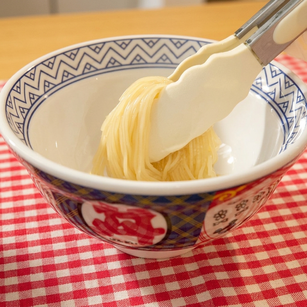 Cooked ramen noodles being moved from a pot to a decorative ceramic bowl with tongs.