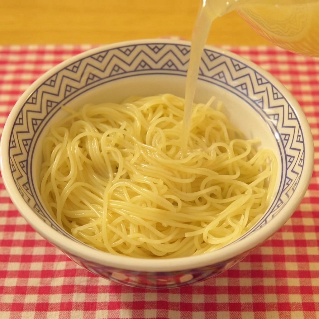 A close-up of clear, aromatic broth being poured from a pitcher into a bowl filled with prepared ramen noodles.