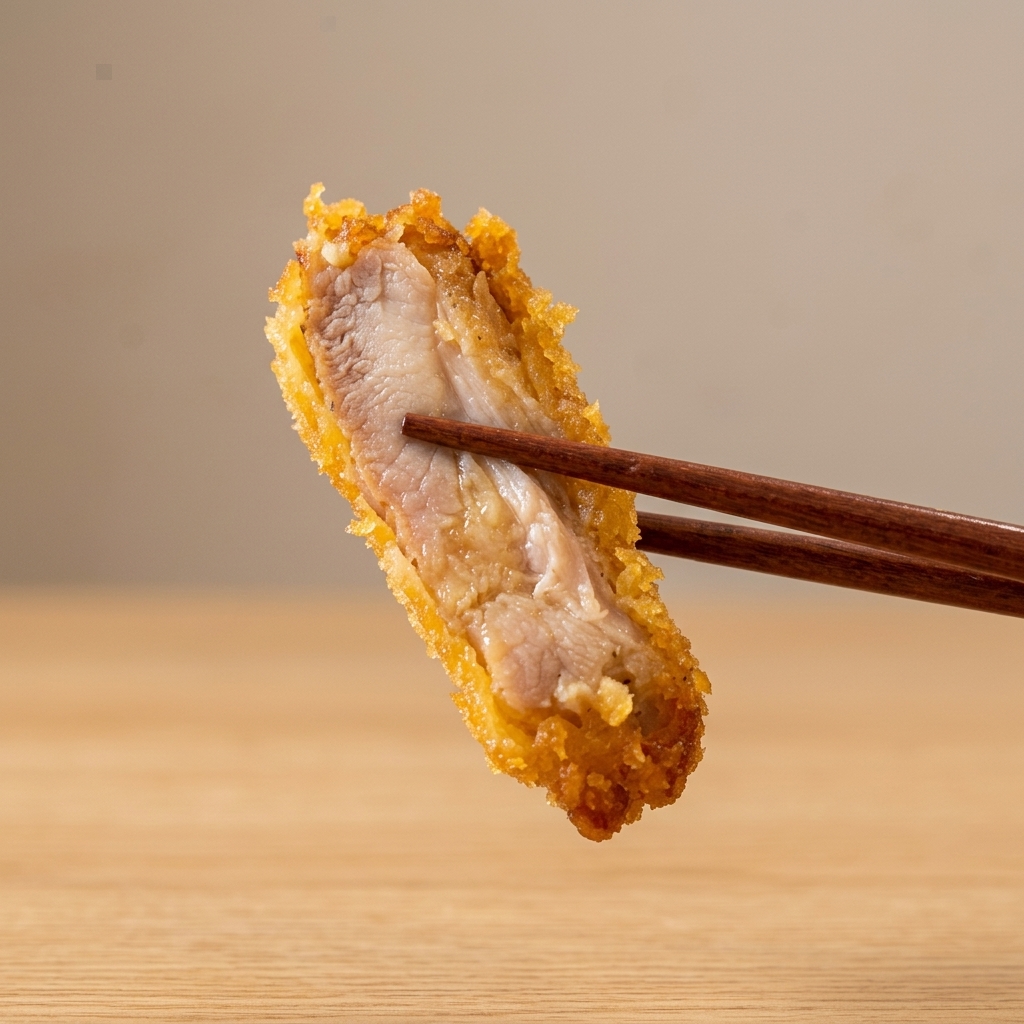 A breaded chicken cutlet being carefully lowered into a pan of shimmering hot oil.