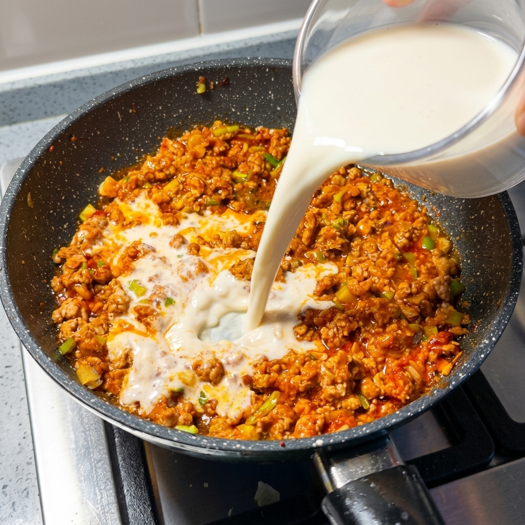 Soy milk being poured from a glass measuring cup into a pan with seasoned minced meat.