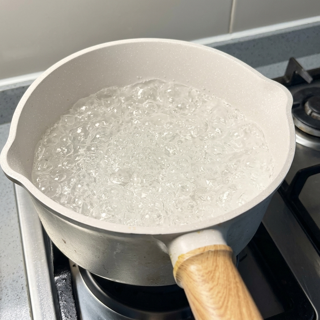 A pot of water actively boiling on a stove top.