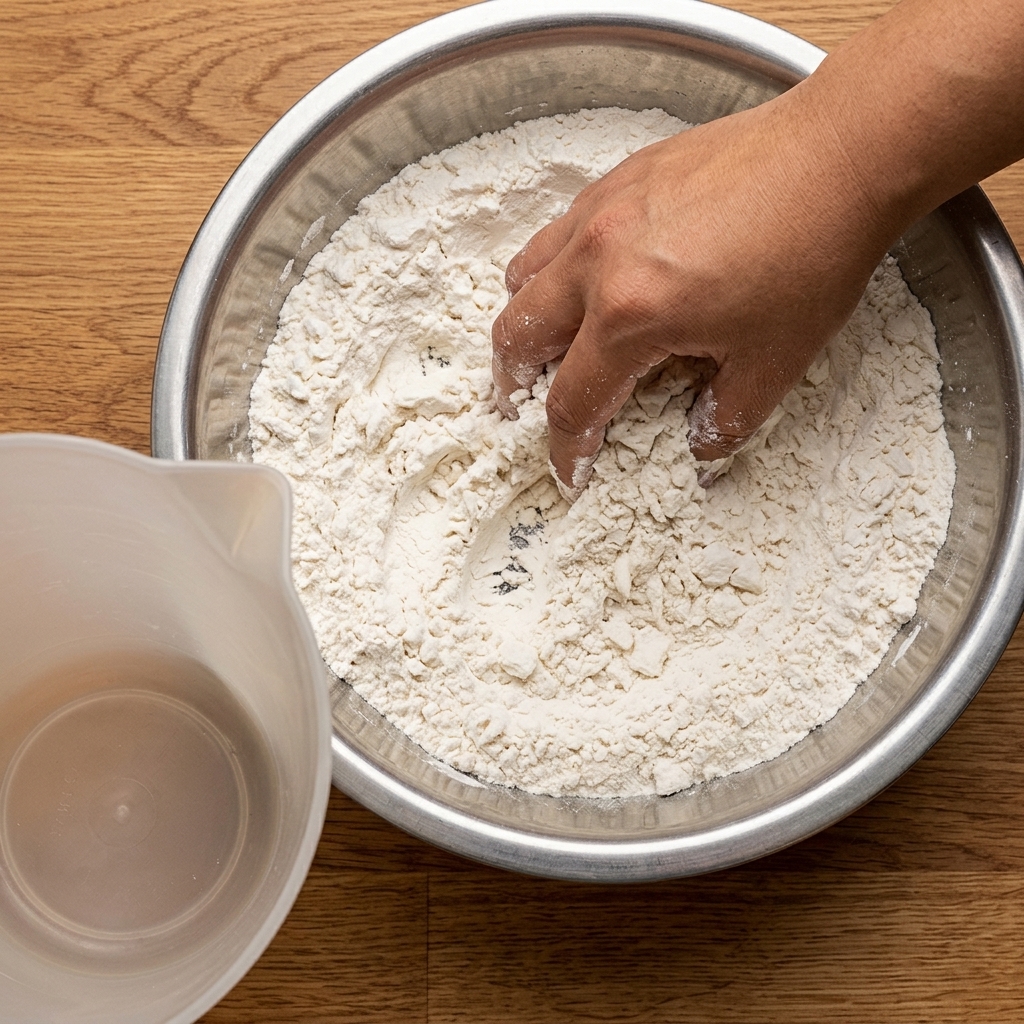 Dough being kneaded by hand in a large stainless steel mixing bowl.