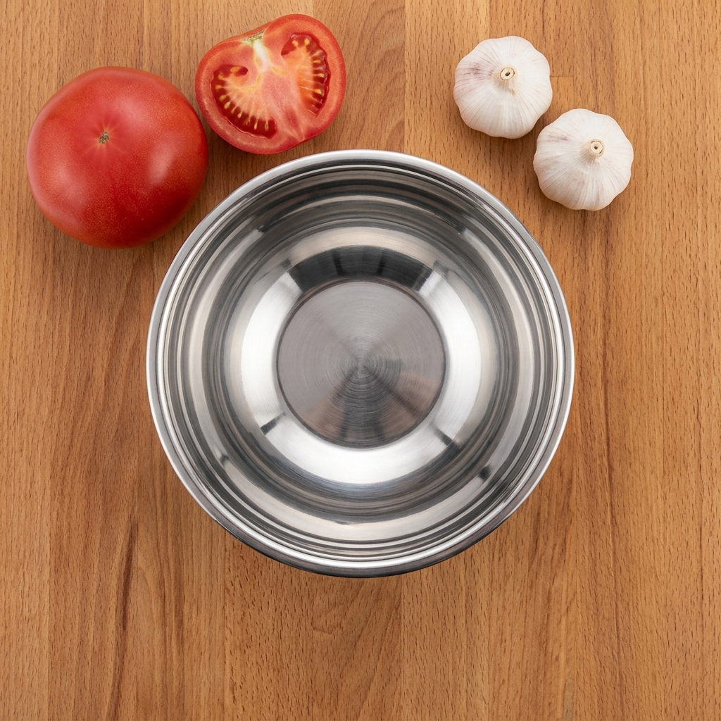 An empty stainless steel mixing bowl positioned next to a tomato and heads of garlic.