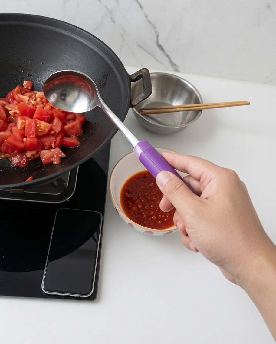 Tomato chunks stir-frying in a wok, softening and releasing juices.
