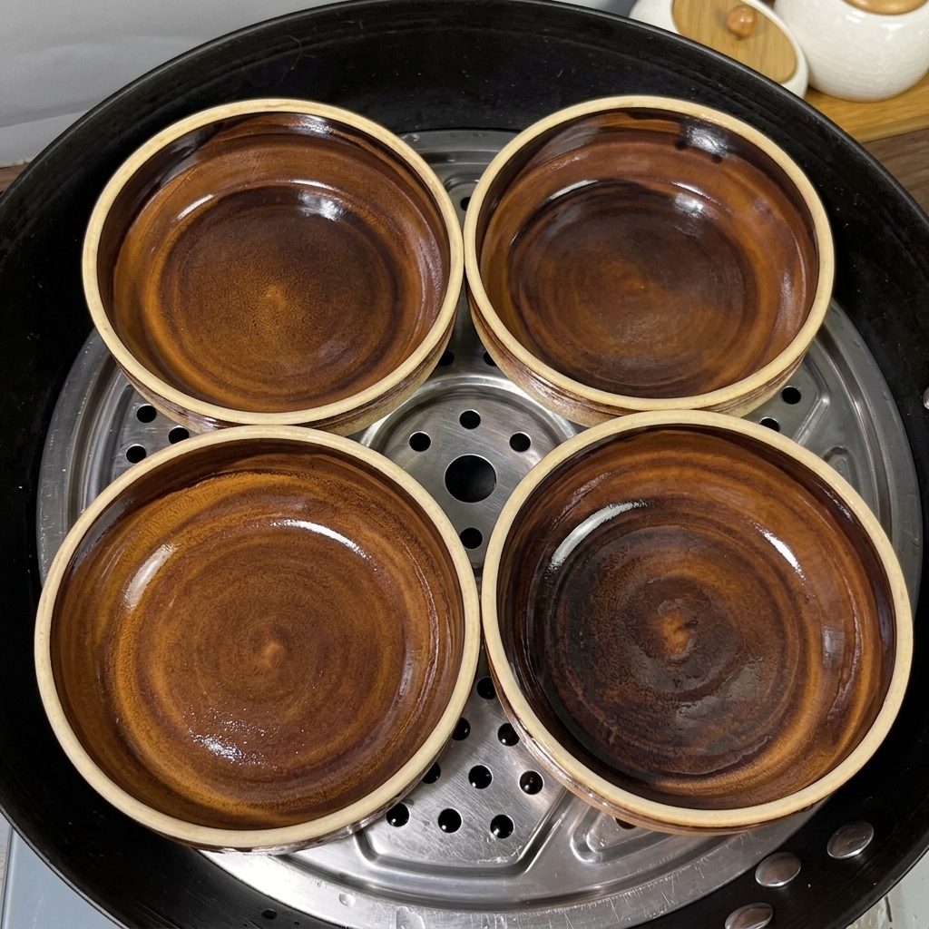 Four clean, empty ceramic bowls arranged on a steaming rack.