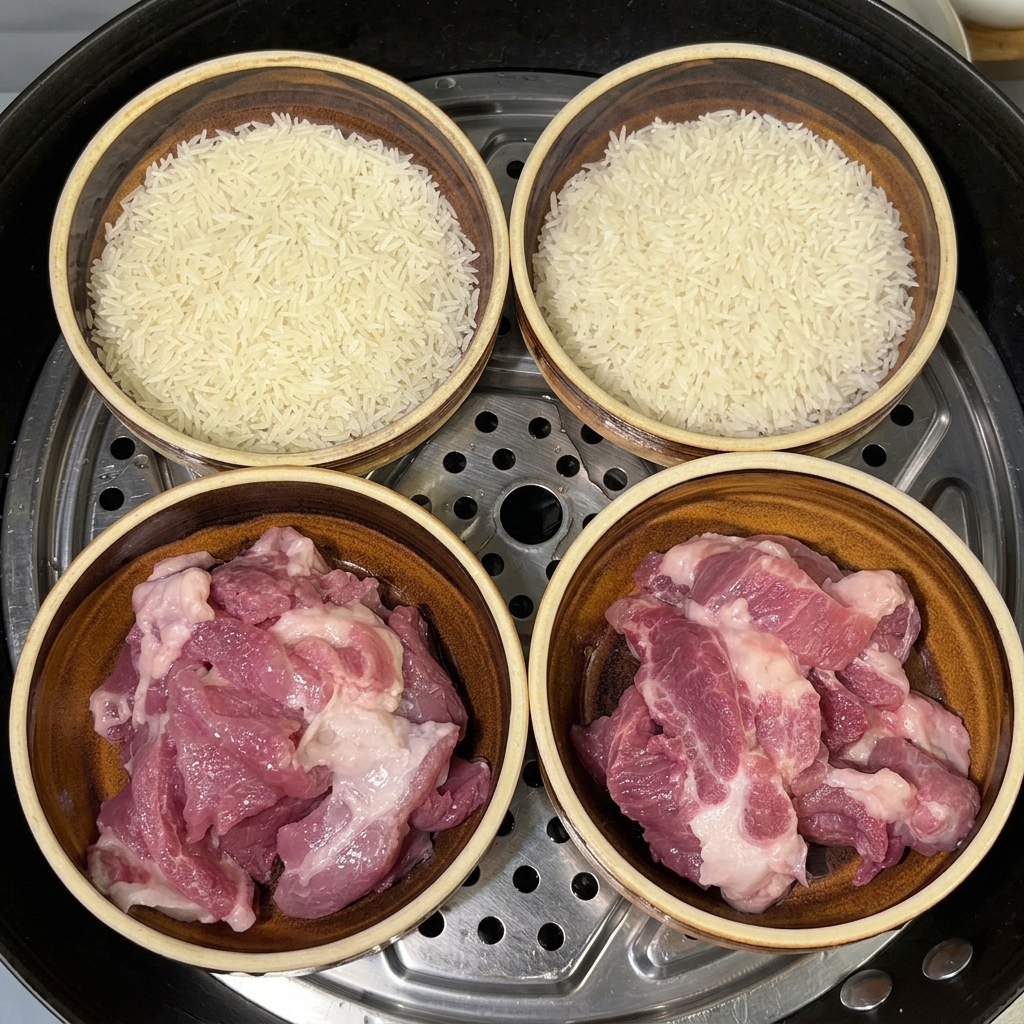 Four bowls containing pork and rice, with a spoonful of salt added to each.