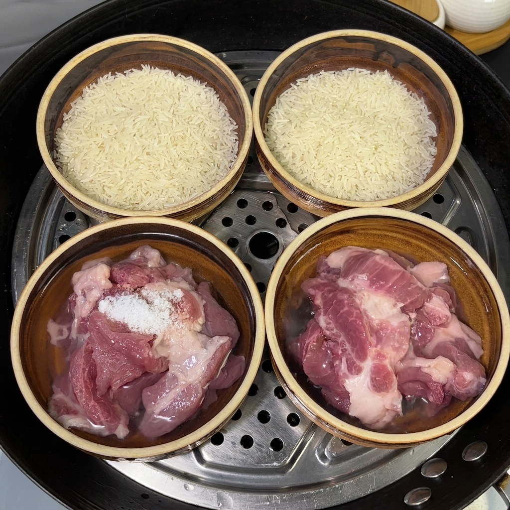 Water being poured into the ceramic bowls filled with pork, rice, and salt.