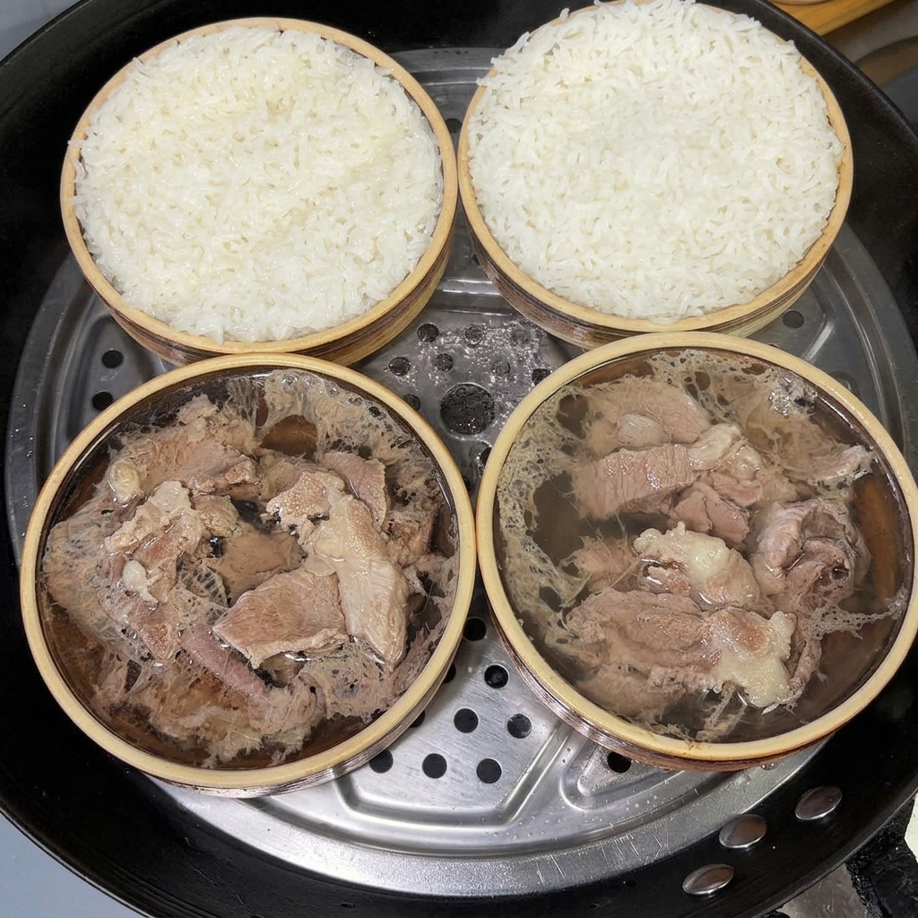 Steamed bowls of pork and rice with white pepper powder being sprinkled on top.