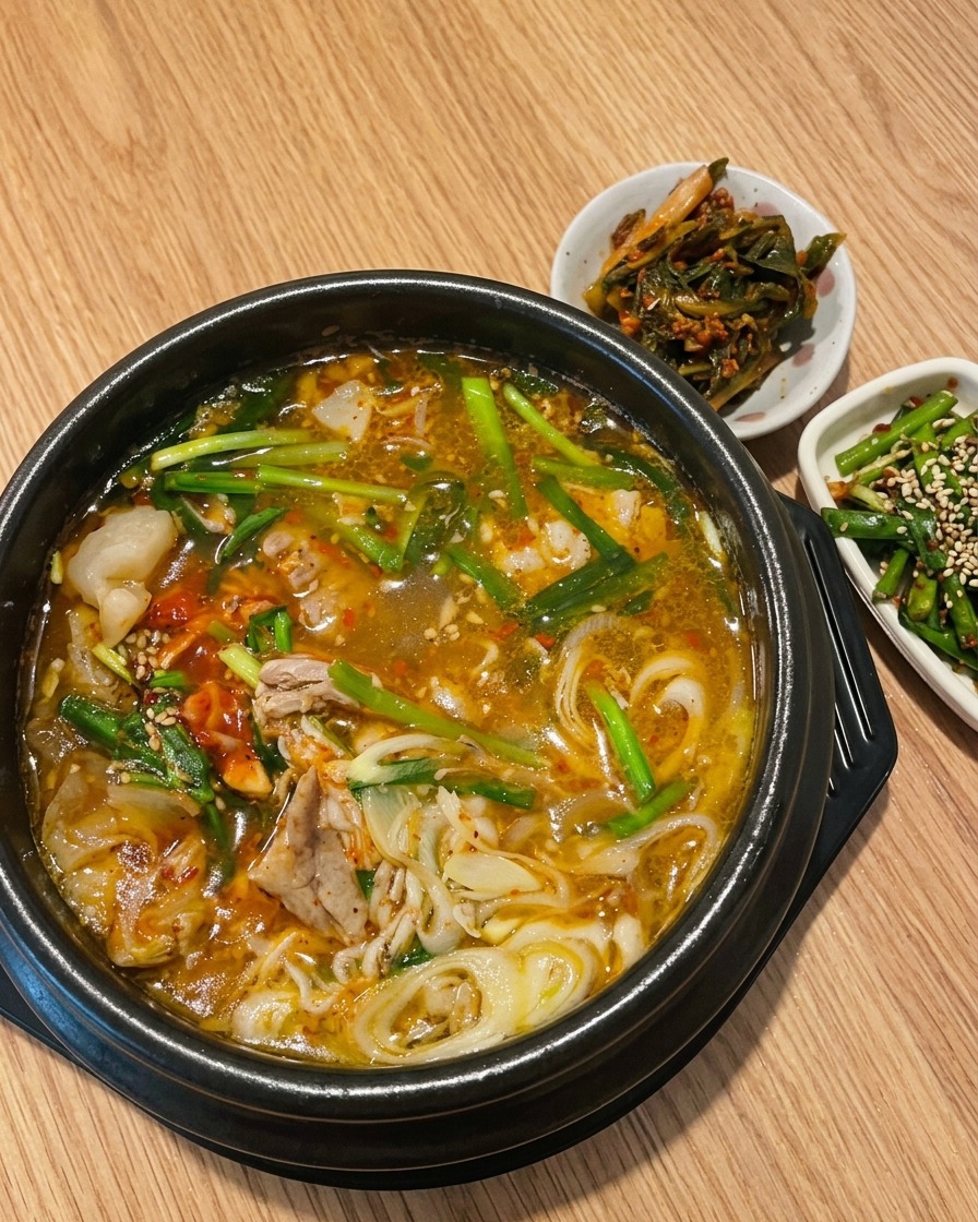 A handful of raw bean sprouts being placed into an empty black stone pot.