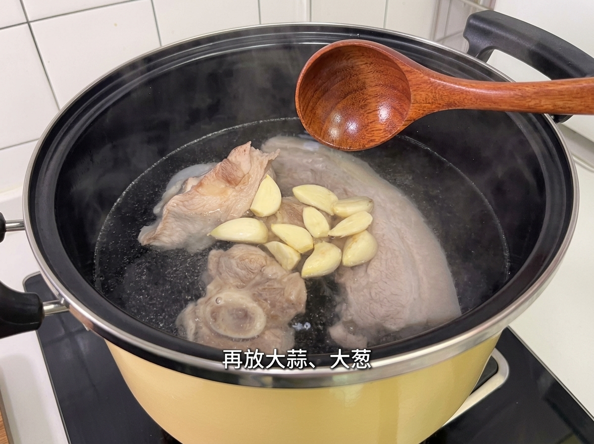 Garlic, onions, and other spices being added to the pot of pork broth.