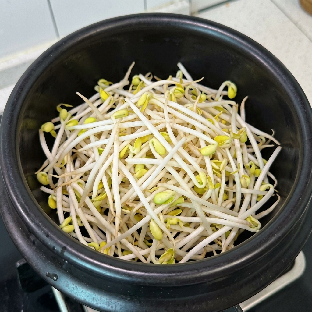 Bean sprouts and shredded pork meat arranged neatly inside a black clay pot.