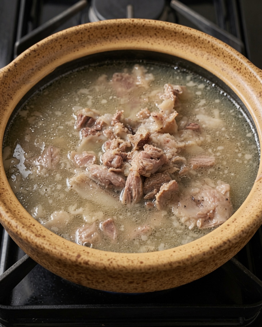 Fresh green onions and chives being added to the simmering pork bone soup in an earthen pot.