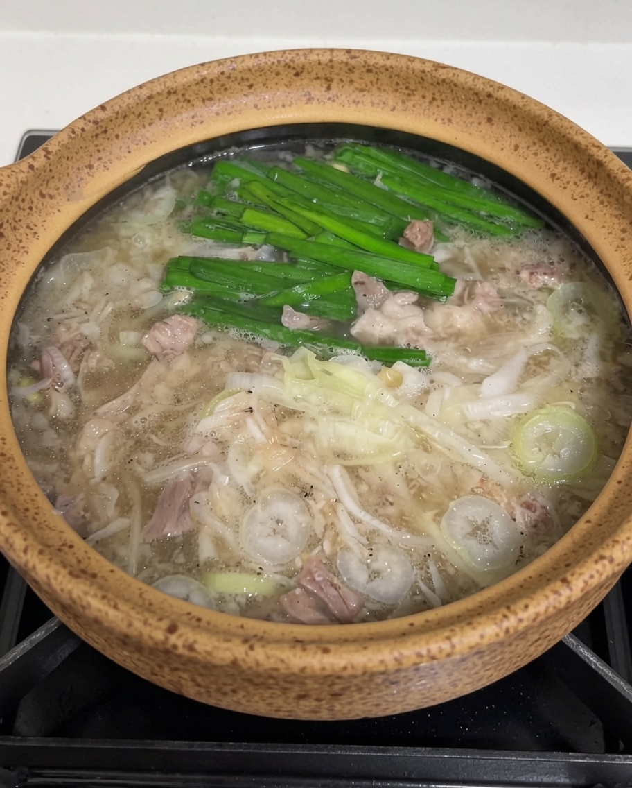 A spoonful of red Korean chili paste being stirred into the steaming broth, swirling into the soup.