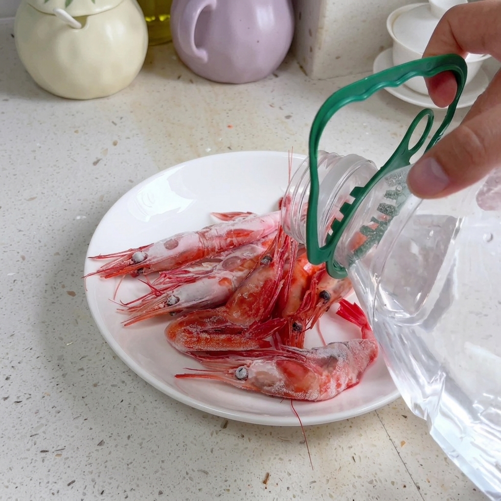 Mineral water being poured over raw sweet shrimp in a white plate to thaw.