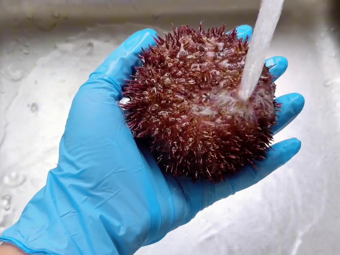 A raw sea urchin being rinsed under running water with a gloved hand.