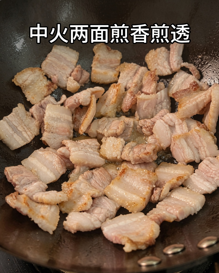 Slices of pork belly frying in a wok, achieving a nice golden-brown color.