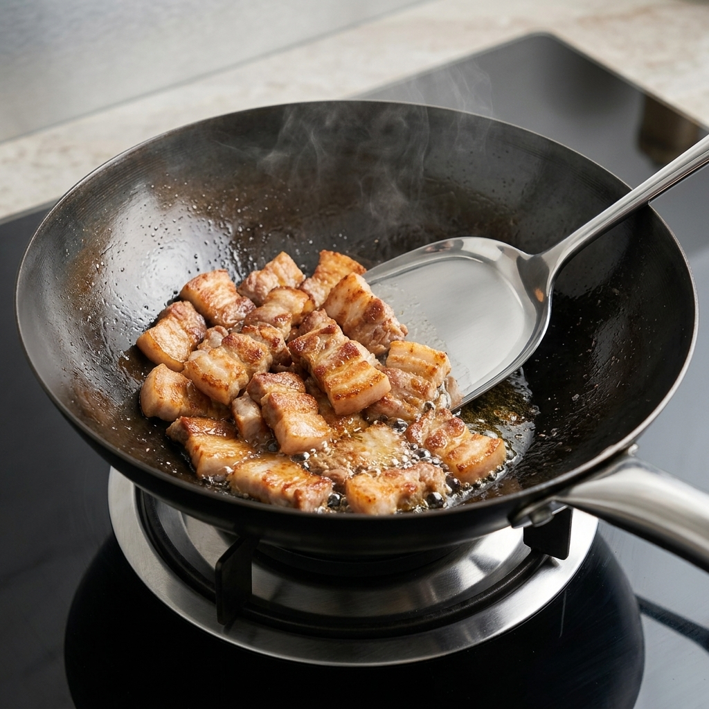 Freshly sliced garlic cloves being added to the browned pork belly in the wok.