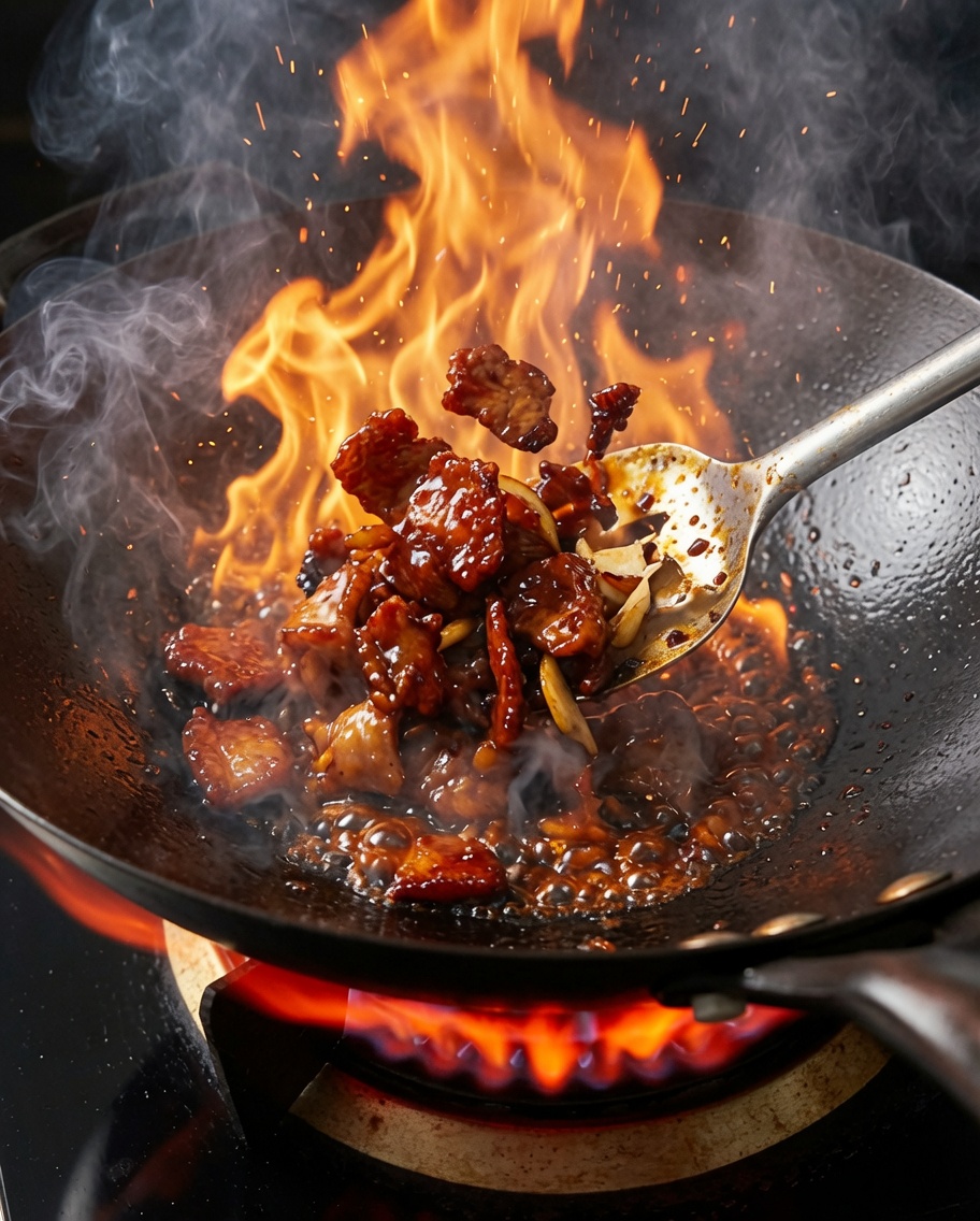 Pork belly pieces being tossed with garlic, black beans, and dark soy sauce in a hot wok, creating a rich glaze.