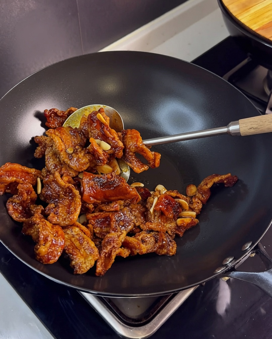 Crispy pork belly being tossed in a wok with garlic and a savory brown sauce until well-coated.