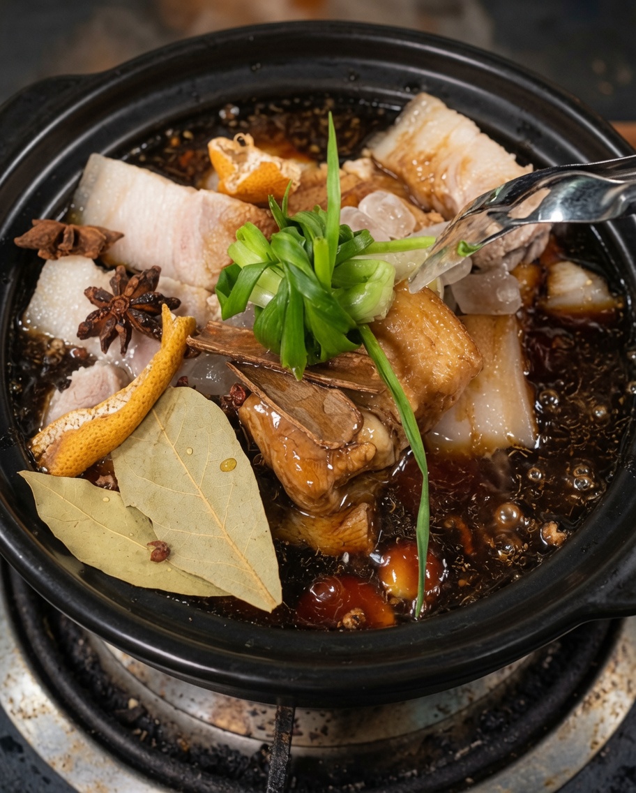 A clay pot filled with braised pork belly and spices, currently covered with a lid to simmer.