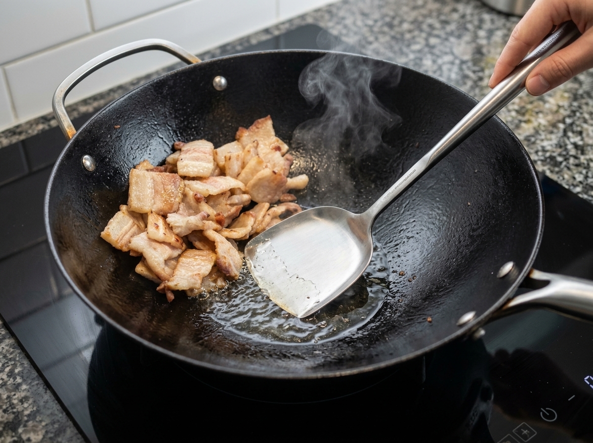 A ladle removing excess rendered oil from a wok containing browned pork belly.
