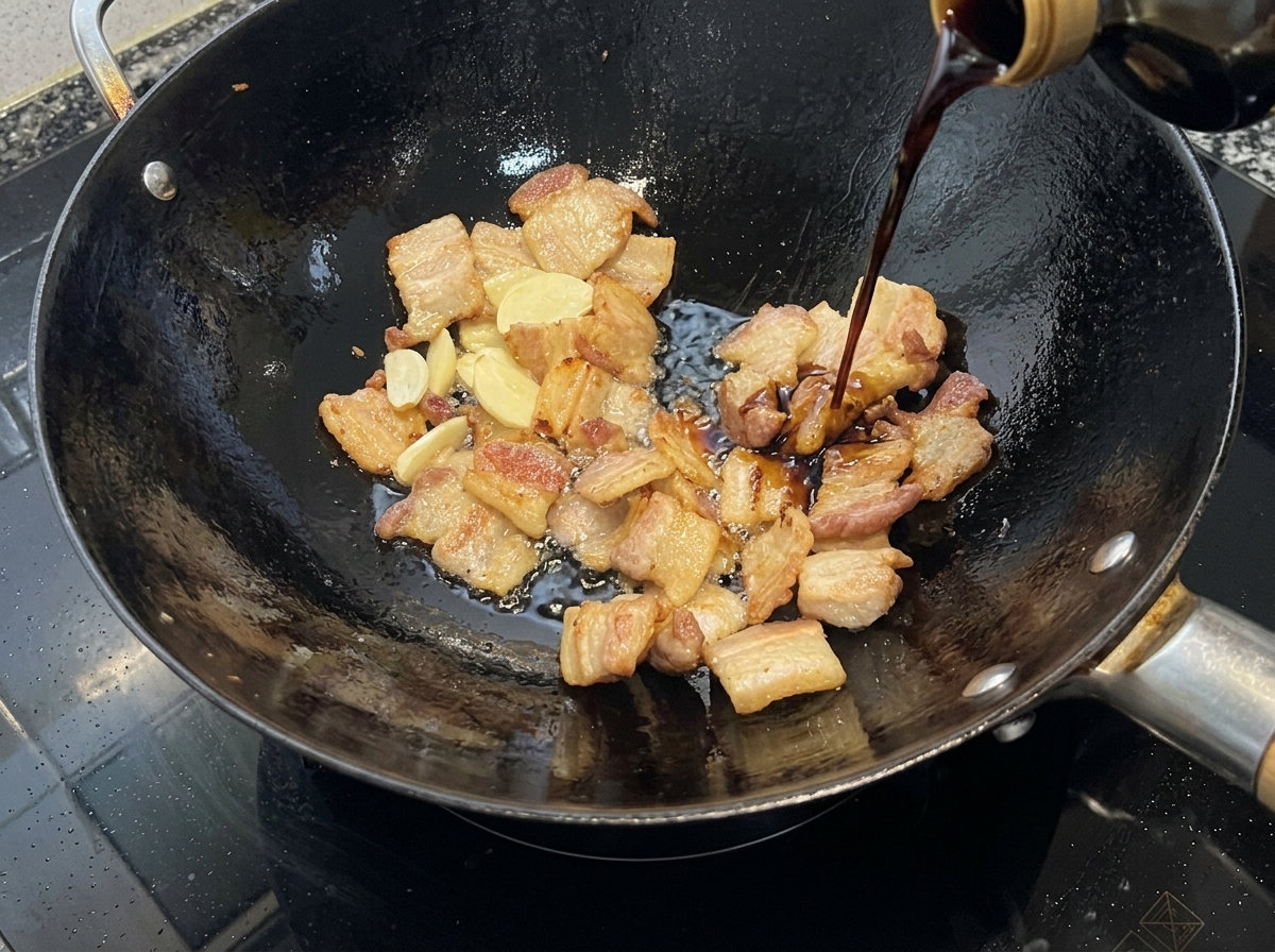 Soy sauce and oyster sauce being poured into the wok over pork and garlic.