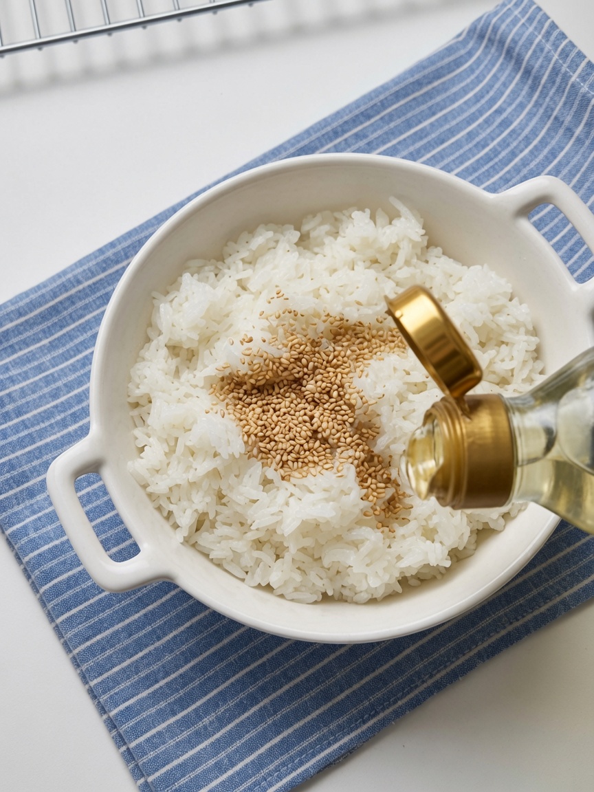 A bowl of fluffy white rice being seasoned with sesame seeds and vinegar.